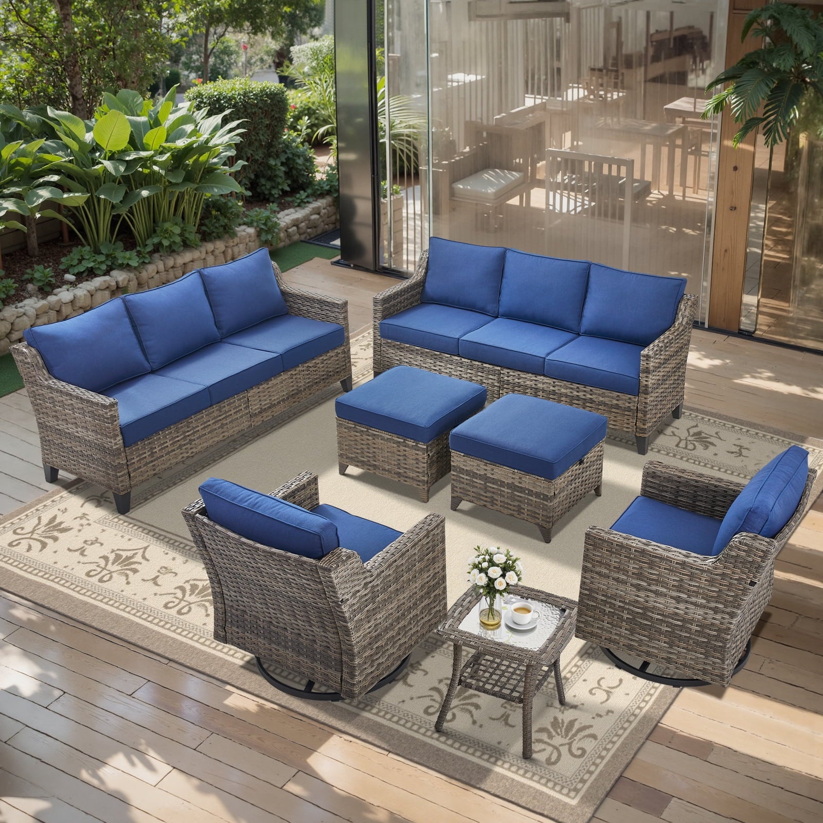 Patio Furniture Sets with Swivel Chairs,All-Weather Outdoor Patio Conversation Sets with High Back Outdoor Swivel Rocker Chairs,Couch,Coffee Tabel and Ottomans for Porch Deck Backyard