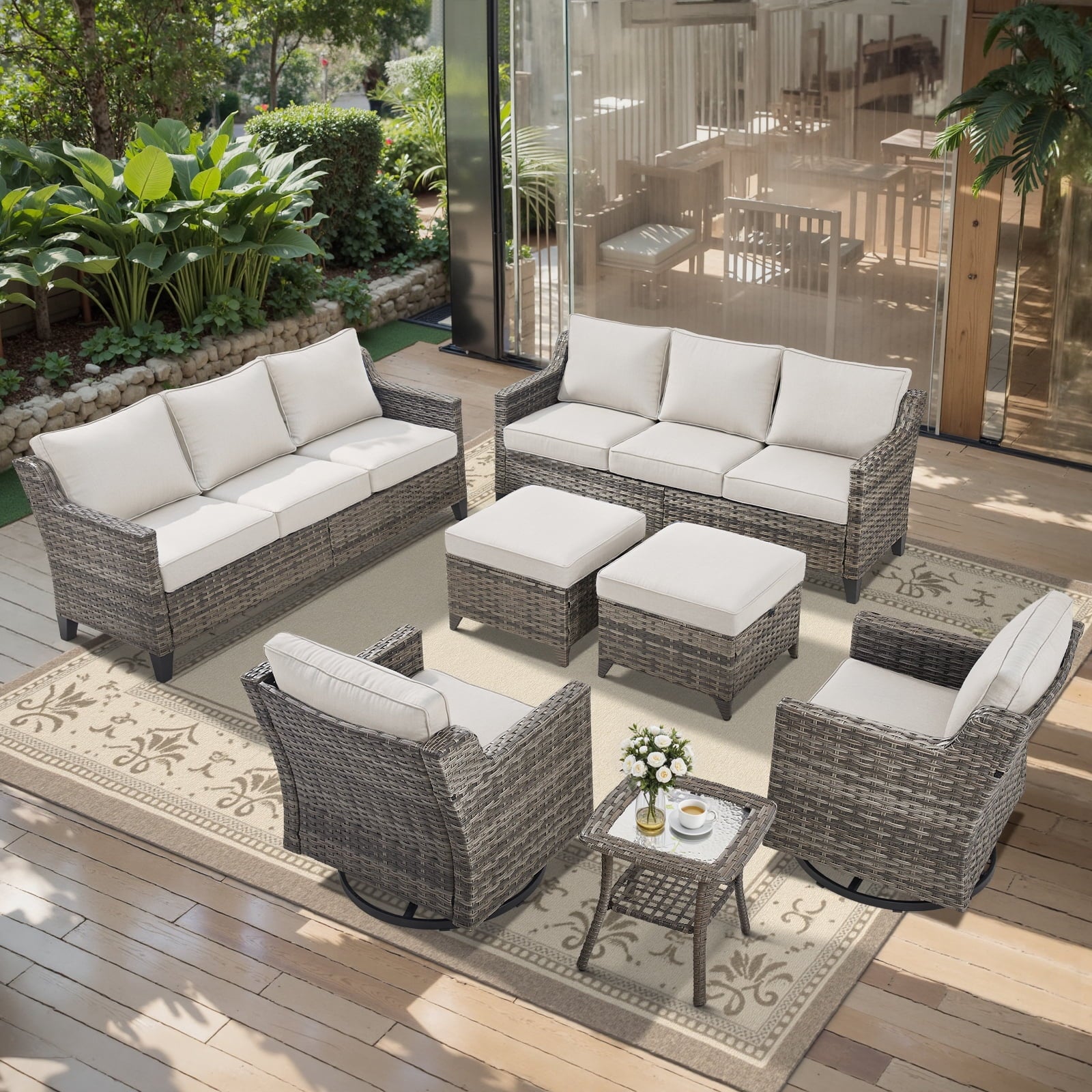 Patio Furniture Sets with Swivel Chairs,All-Weather Outdoor Patio Conversation Sets with High Back Outdoor Swivel Rocker Chairs,Couch,Coffee Tabel and Ottomans for Porch Deck Backyard