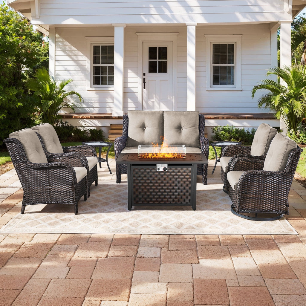 Bellefurn Outdoor Patio Furniture Sets with Swivel Rocker Chairs,3-Seat Sofa and Ottoman High-Back Rattan Patio Conversation Sets for Porch Deck Backyard Poolside