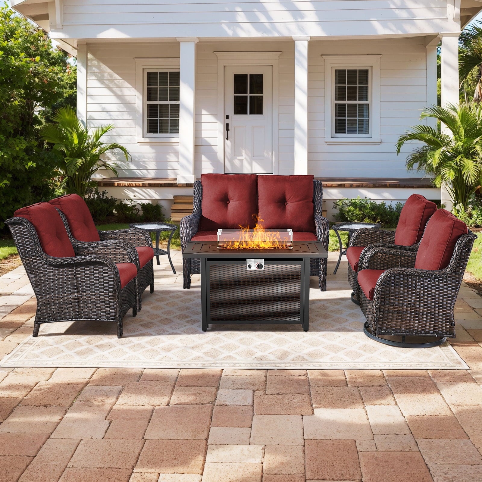 Bellefurn Outdoor Patio Furniture Sets with Swivel Rocker Chairs,3-Seat Sofa and Ottoman High-Back Rattan Patio Conversation Sets for Porch Deck Backyard Poolside