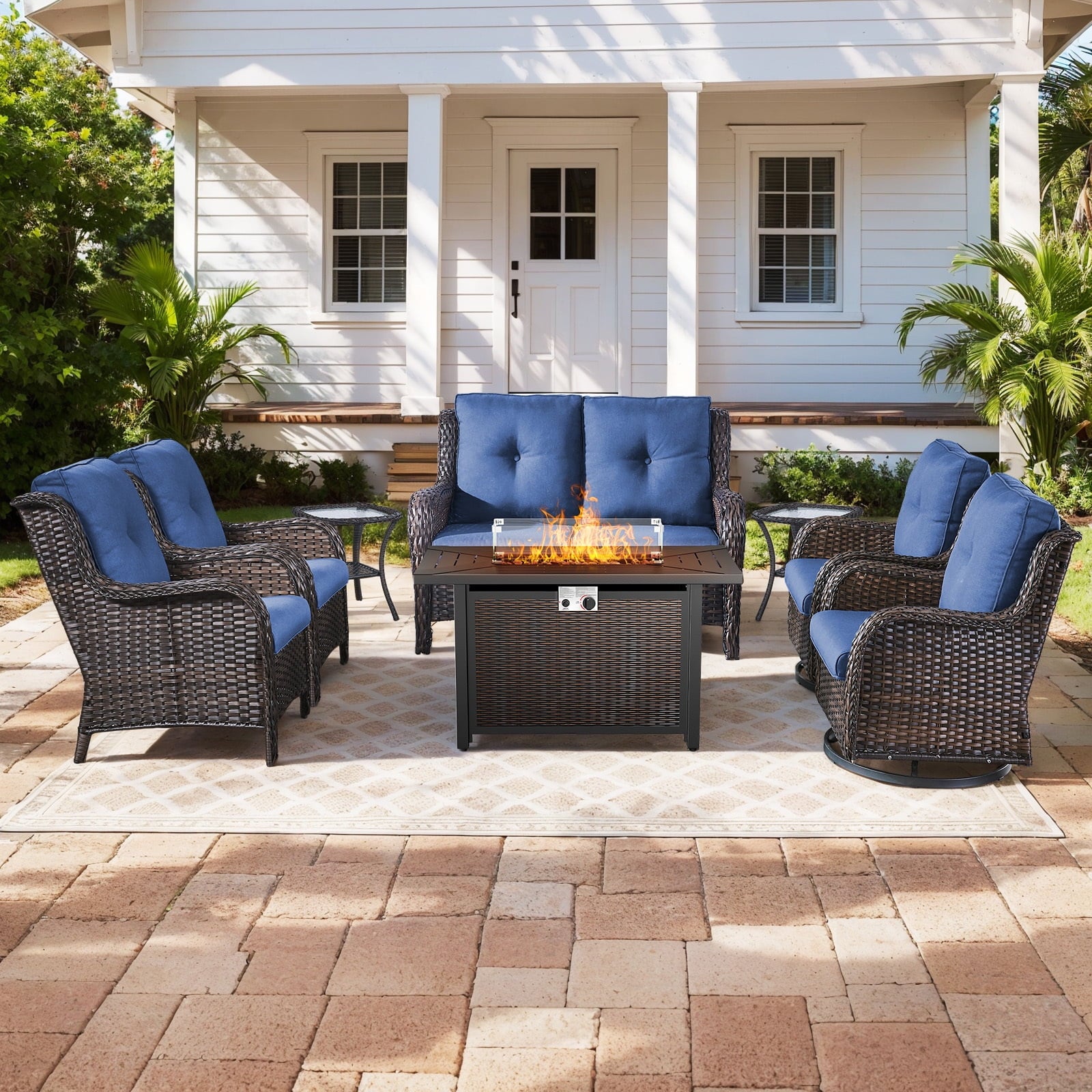 Bellefurn Outdoor Patio Furniture Sets with Swivel Rocker Chairs,3-Seat Sofa and Ottoman High-Back Rattan Patio Conversation Sets for Porch Deck Backyard Poolside