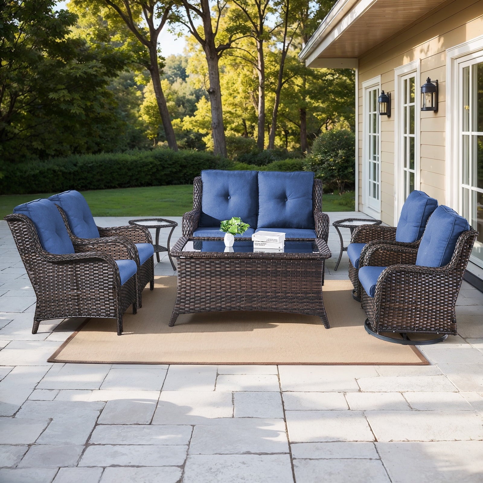 Bellefurn Outdoor Patio Furniture Sets with Swivel Rocker Chairs,3-Seat Sofa and Ottoman High-Back Rattan Patio Conversation Sets for Porch Deck Backyard Poolside