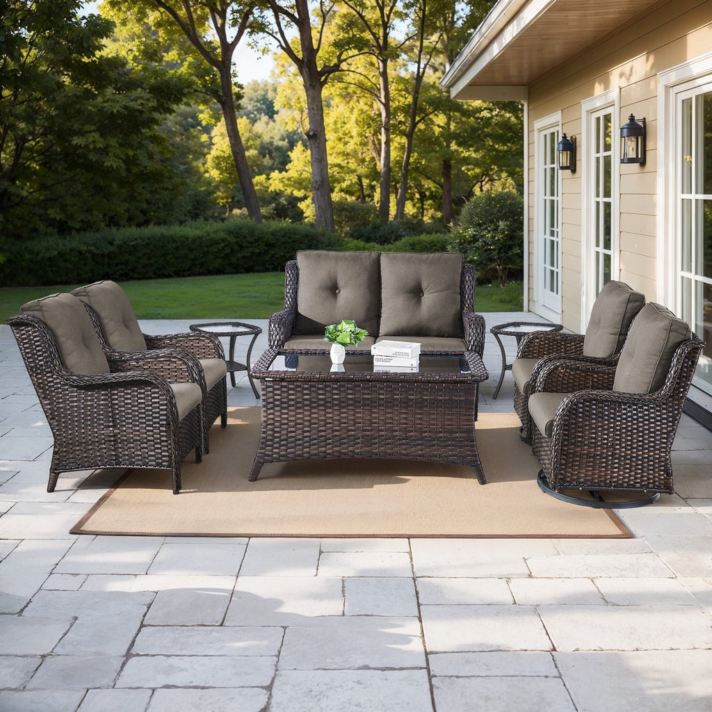 Bellefurn Outdoor Patio Furniture Sets with Swivel Rocker Chairs,3-Seat Sofa and Ottoman High-Back Rattan Patio Conversation Sets for Porch Deck Backyard Poolside