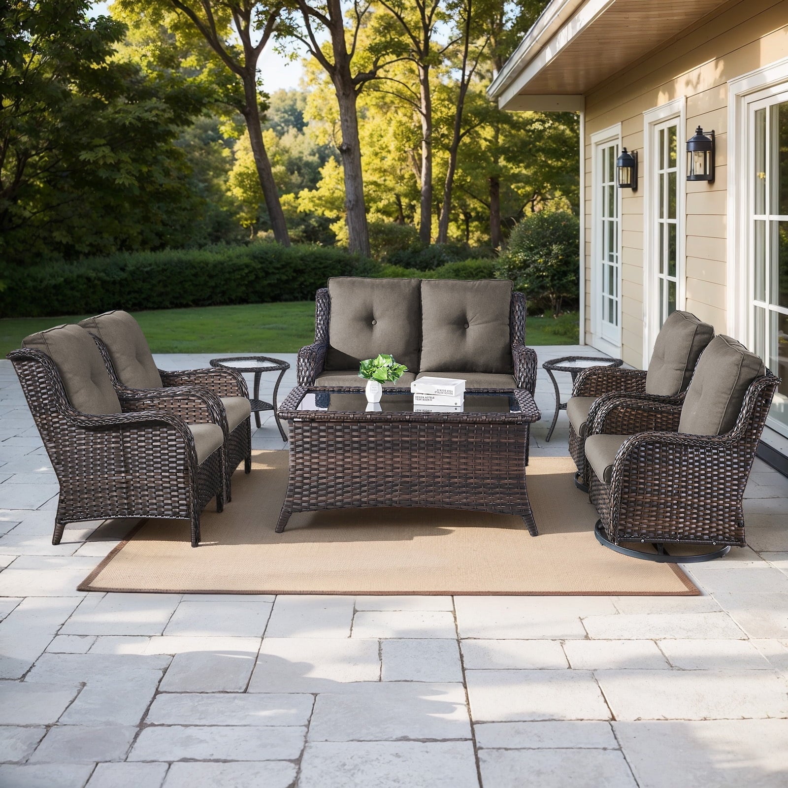 Bellefurn Outdoor Patio Furniture Sets with Swivel Rocker Chairs,3-Seat Sofa and Ottoman High-Back Rattan Patio Conversation Sets for Porch Deck Backyard Poolside