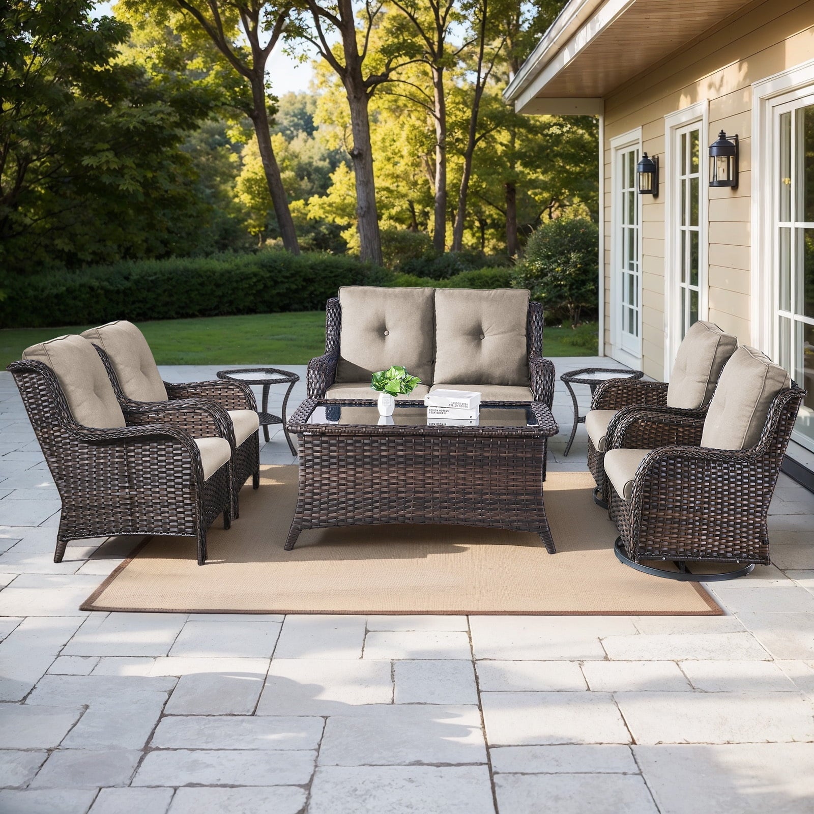 Bellefurn Outdoor Patio Furniture Sets with Swivel Rocker Chairs,3-Seat Sofa and Ottoman High-Back Rattan Patio Conversation Sets for Porch Deck Backyard Poolside