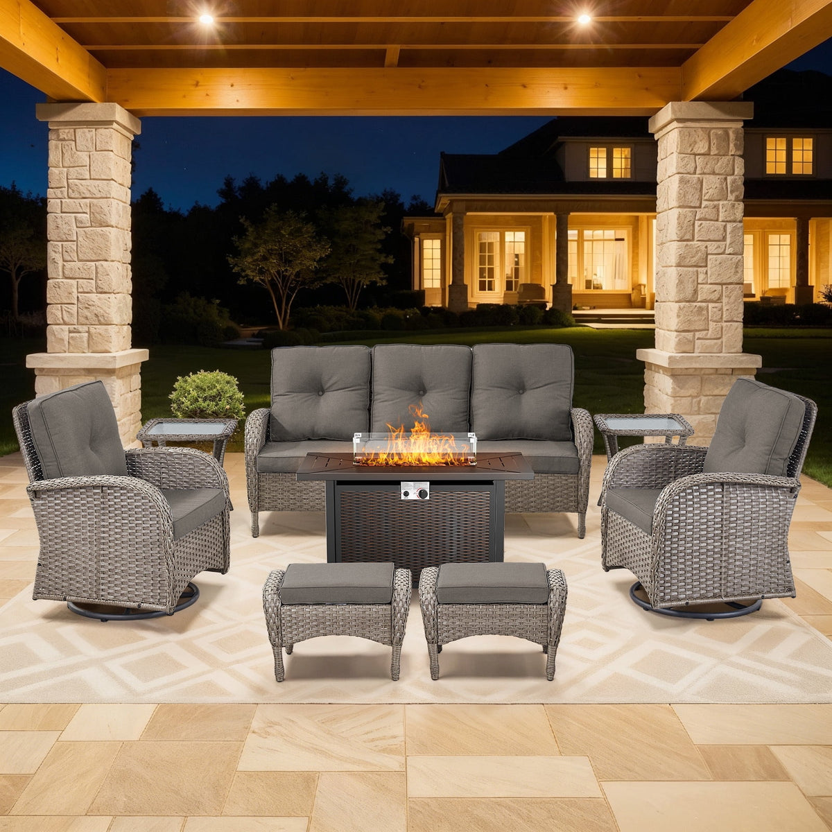 Bellefurn 5 Pieces Outdoor Patio Furniture Sets with Swivel Rocker Chairs Rattan Glider Loveseat and Coffee Table,Wicker Outdoor Conversation Sets for Porch Deck Backyard Poolside