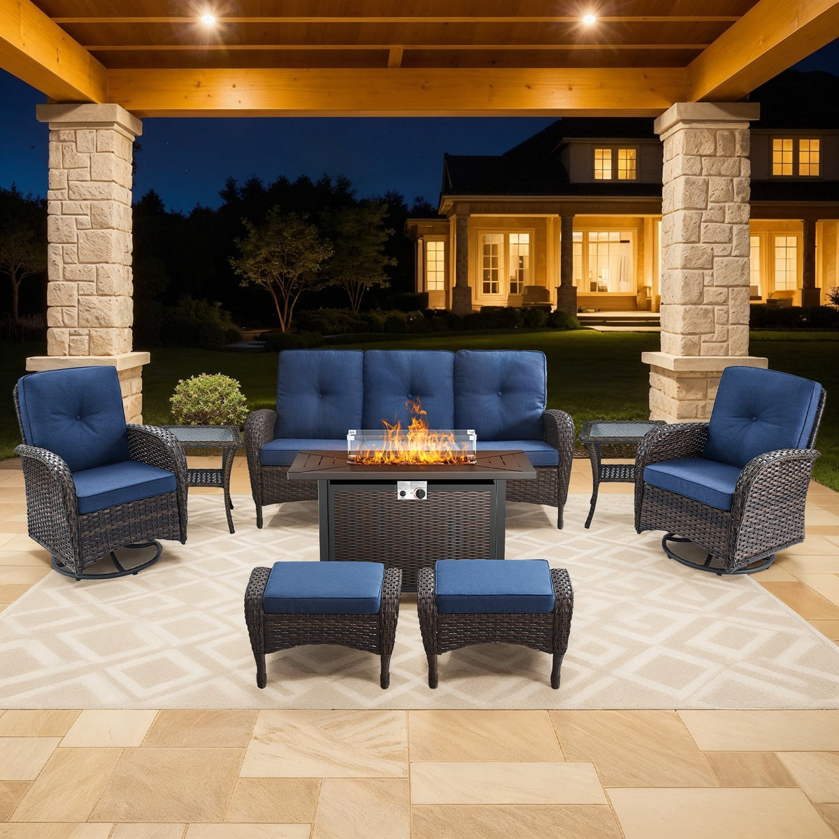 Bellefurn 5 Pieces Outdoor Patio Furniture Sets with Swivel Rocker Chairs Rattan Glider Loveseat and Coffee Table,Wicker Outdoor Conversation Sets for Porch Deck Backyard Poolside
