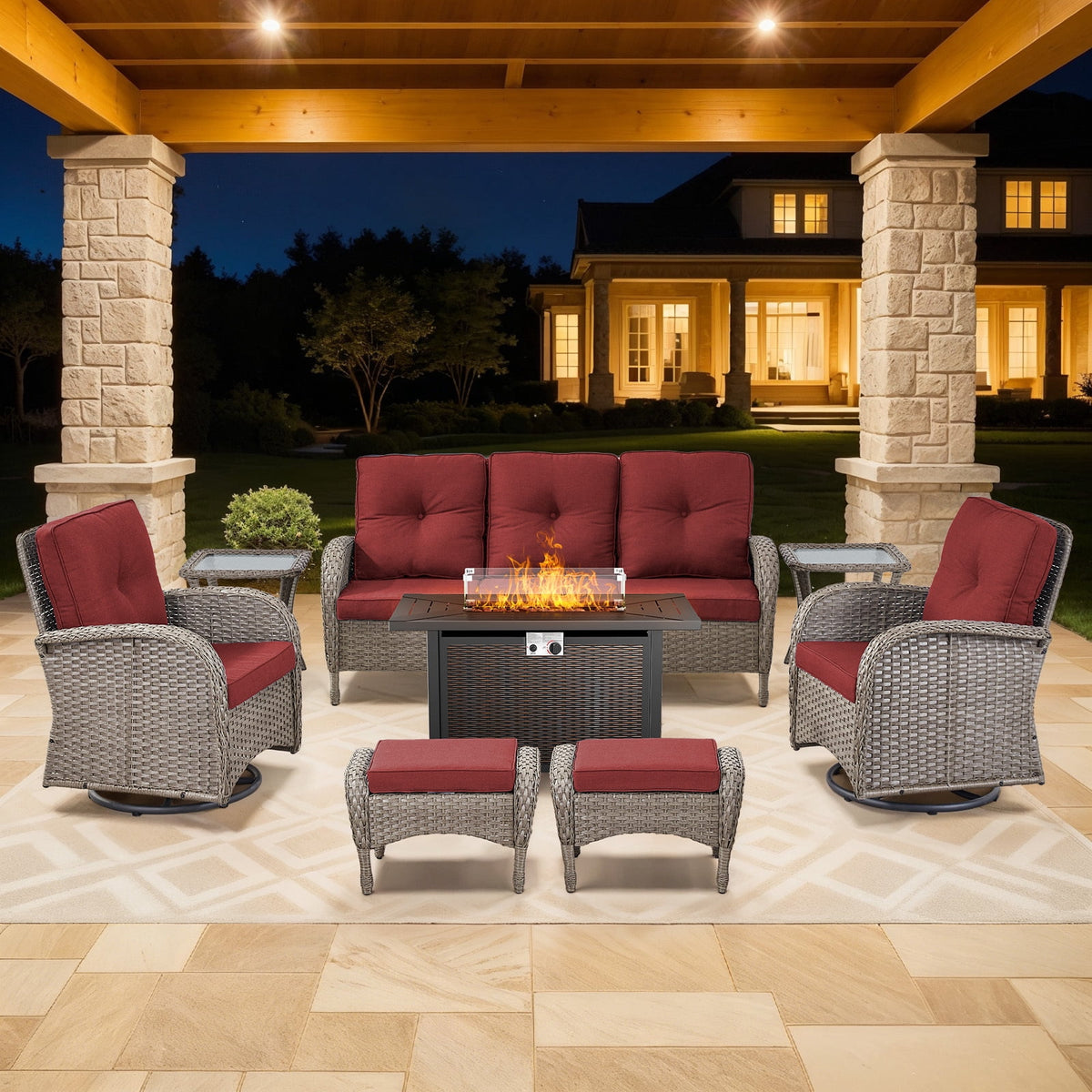 Bellefurn 5 Pieces Outdoor Patio Furniture Sets with Swivel Rocker Chairs Rattan Glider Loveseat and Coffee Table,Wicker Outdoor Conversation Sets for Porch Deck Backyard Poolside