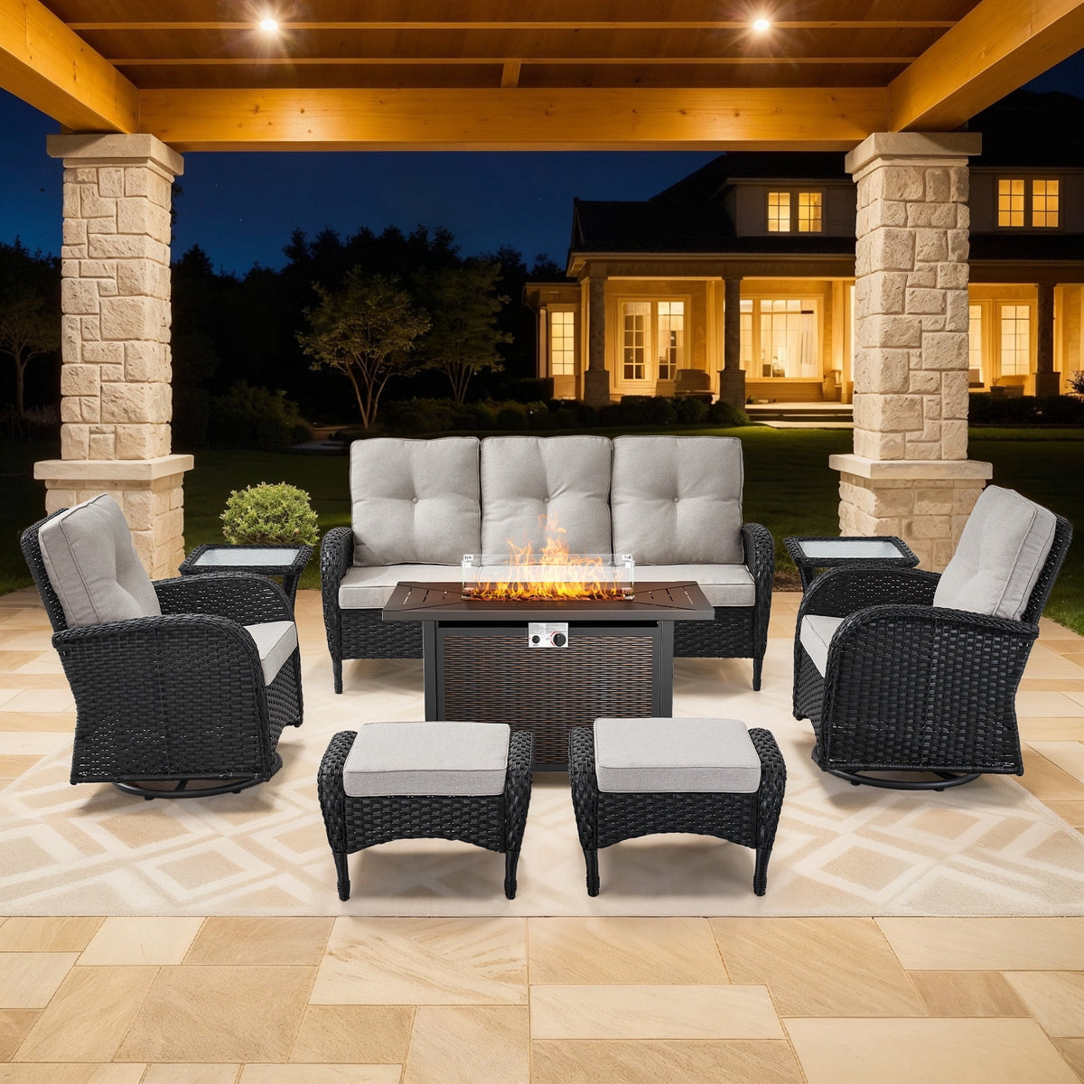 Bellefurn 5 Pieces Outdoor Patio Furniture Sets with Swivel Rocker Chairs Rattan Glider Loveseat and Coffee Table,Wicker Outdoor Conversation Sets for Porch Deck Backyard Poolside