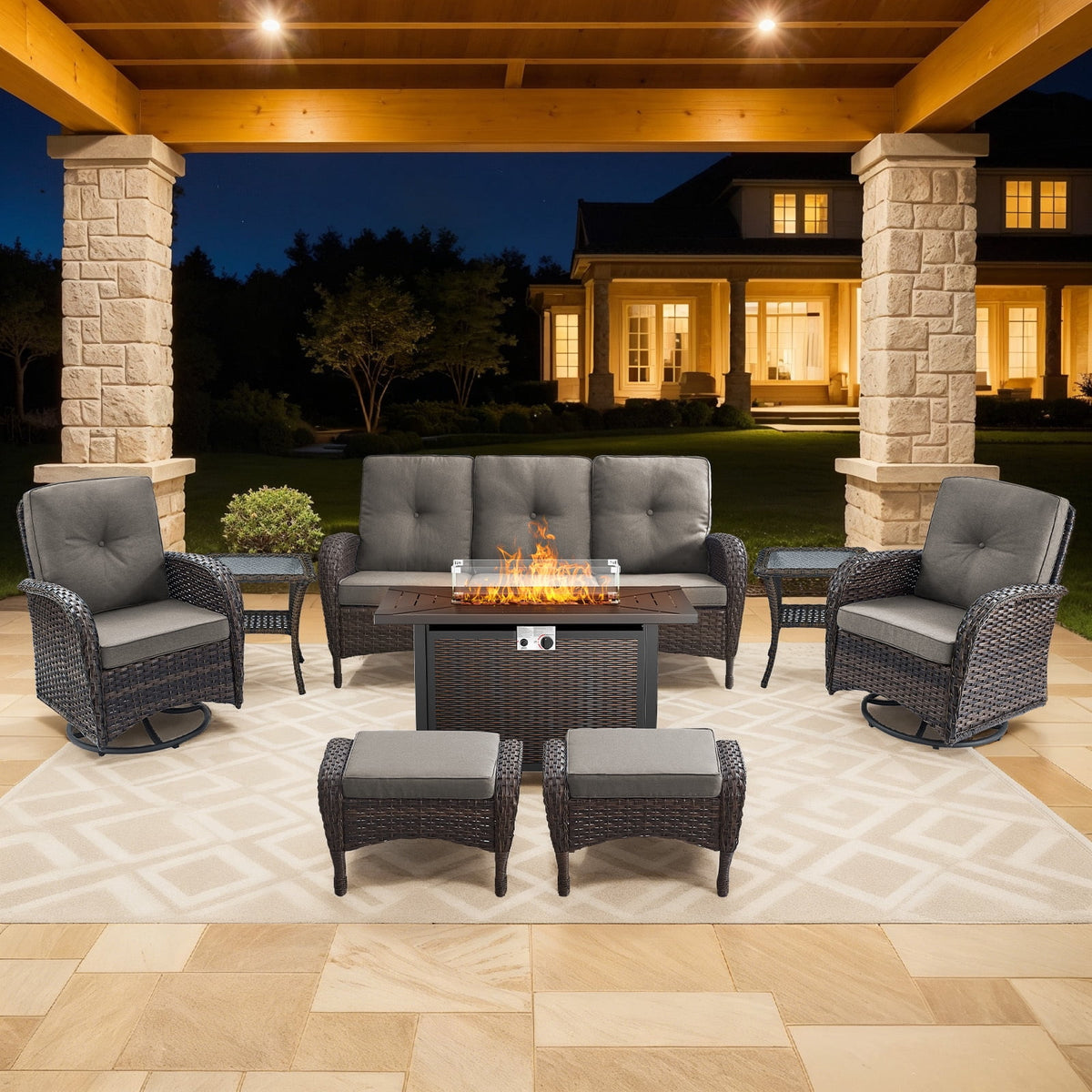 Bellefurn 5 Pieces Outdoor Patio Furniture Sets with Swivel Rocker Chairs Rattan Glider Loveseat and Coffee Table,Wicker Outdoor Conversation Sets for Porch Deck Backyard Poolside
