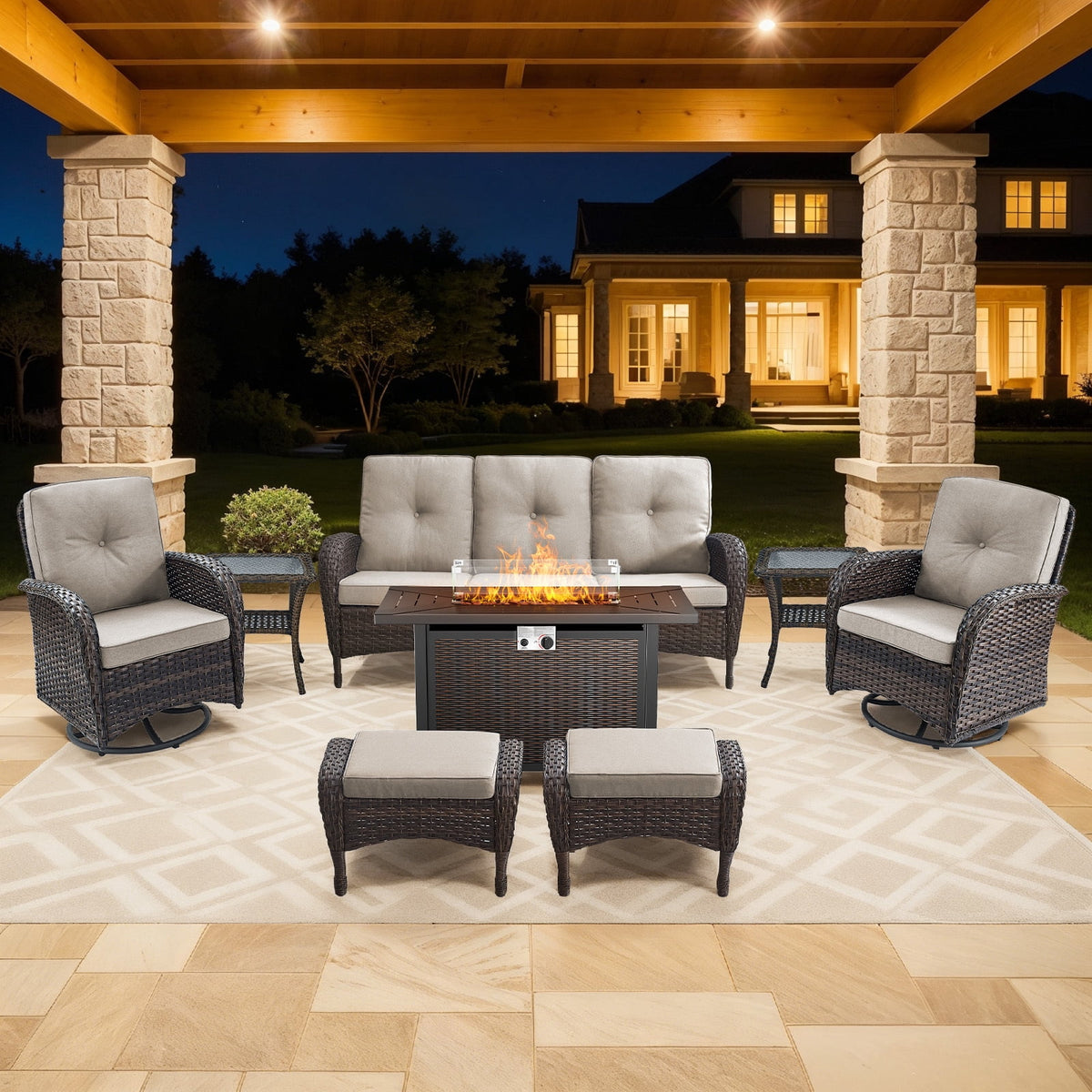 Bellefurn 5 Pieces Outdoor Patio Furniture Sets with Swivel Rocker Chairs Rattan Glider Loveseat and Coffee Table,Wicker Outdoor Conversation Sets for Porch Deck Backyard Poolside