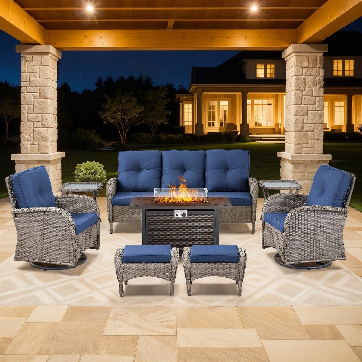 Bellefurn 5 Pieces Outdoor Patio Furniture Sets with Swivel Rocker Chairs Rattan Glider Loveseat and Coffee Table,Wicker Outdoor Conversation Sets for Porch Deck Backyard Poolside