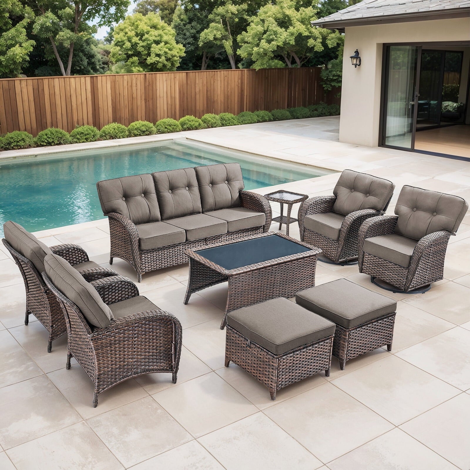 Luxury 6 Piece Outdoor Patio Wicker Furniture Sets with Swivel Rocker Patio Chairs,Sofa and Ottomans,High Back Outdoor Conversation Set for Porch Balcony Deck