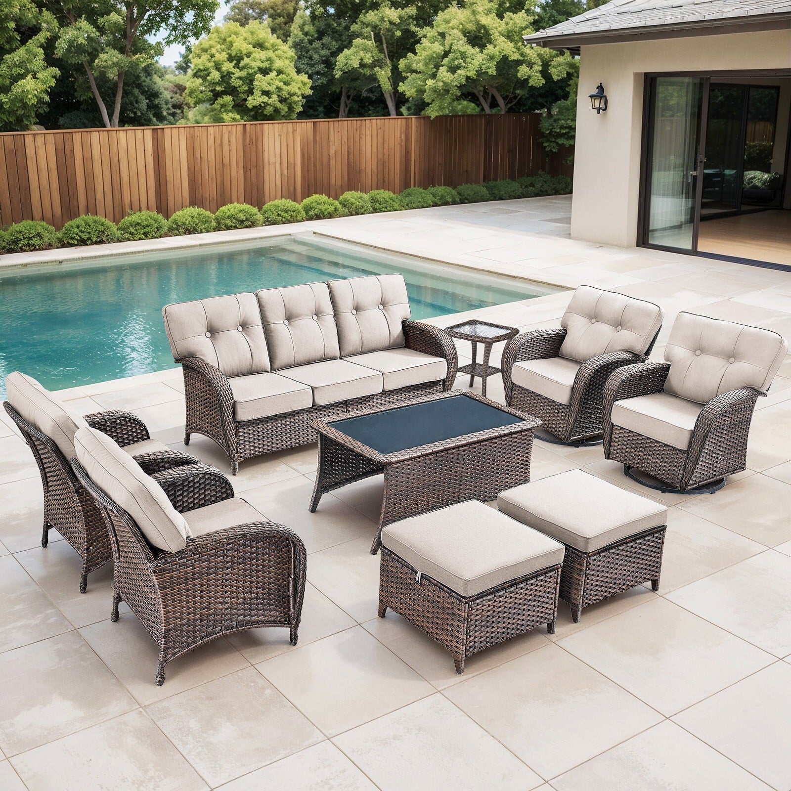 Luxury 6 Piece Outdoor Patio Wicker Furniture Sets with Swivel Rocker Patio Chairs,Sofa and Ottomans,High Back Outdoor Conversation Set for Porch Balcony Deck