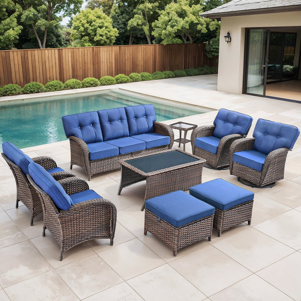 Luxury 6 Piece Outdoor Patio Wicker Furniture Sets with Swivel Rocker Patio Chairs,Sofa and Ottomans,High Back Outdoor Conversation Set for Porch Balcony Deck