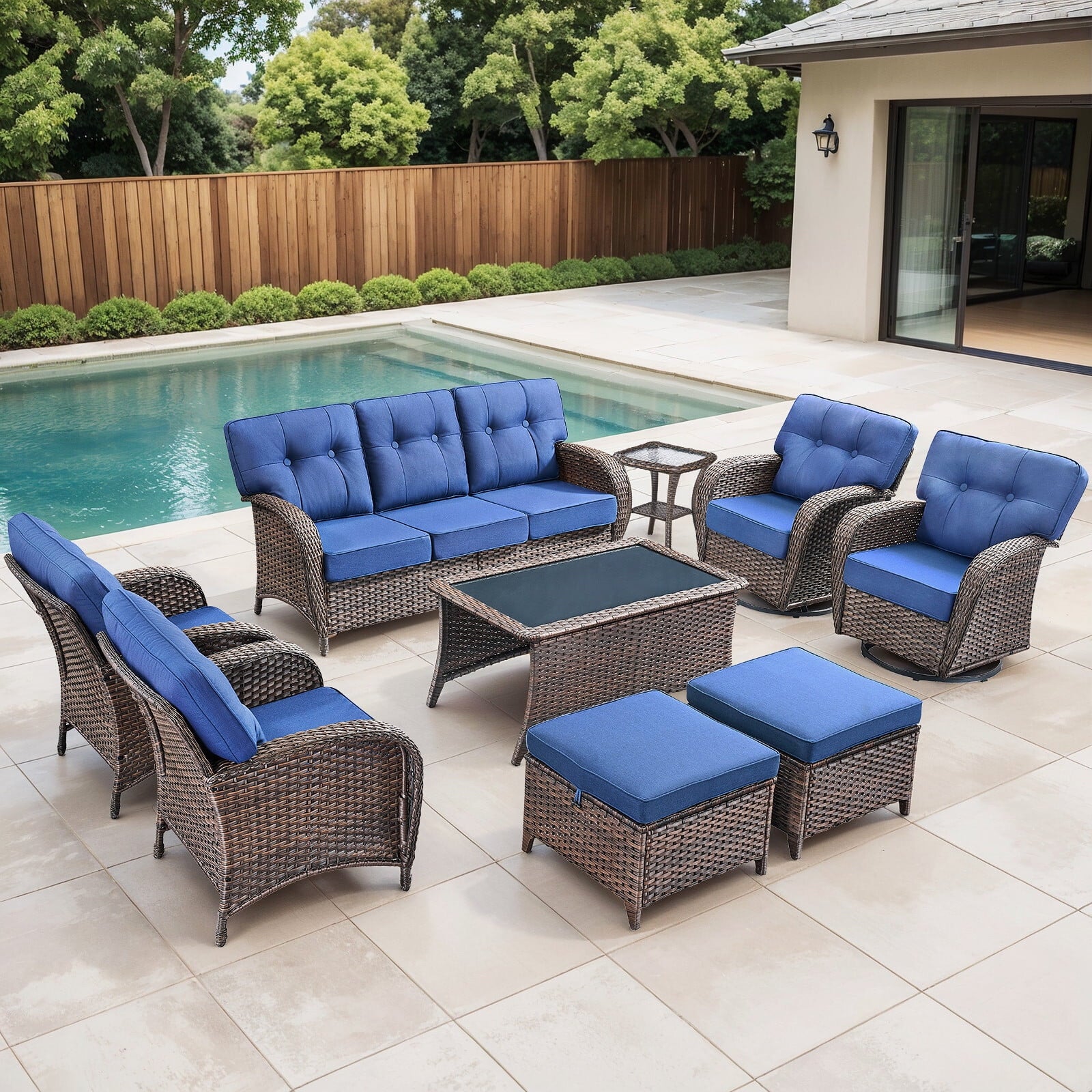 Luxury 6 Piece Outdoor Patio Wicker Furniture Sets with Swivel Rocker Patio Chairs,Sofa and Ottomans,High Back Outdoor Conversation Set for Porch Balcony Deck