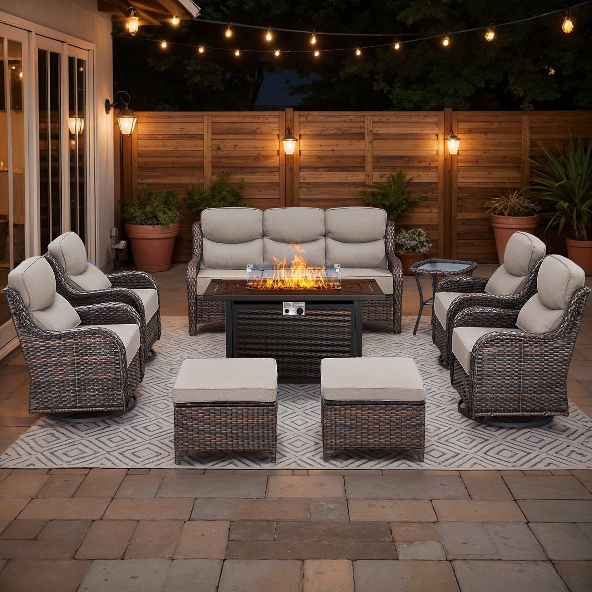 Bellefurn Luxury 6 Pieces Outdoor Patio Furniture Set with Swivel Rocker Chairs 6-inch Extra Thick Cushions,Sofa Coffee Table,Wicker Conversation Sets for Porch Deck Backyard Poolside