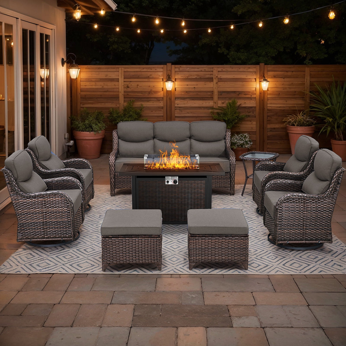 Bellefurn Luxury 6 Pieces Outdoor Patio Furniture Set with Swivel Rocker Chairs 6-inch Extra Thick Cushions,Sofa Coffee Table,Wicker Conversation Sets for Porch Deck Backyard Poolside