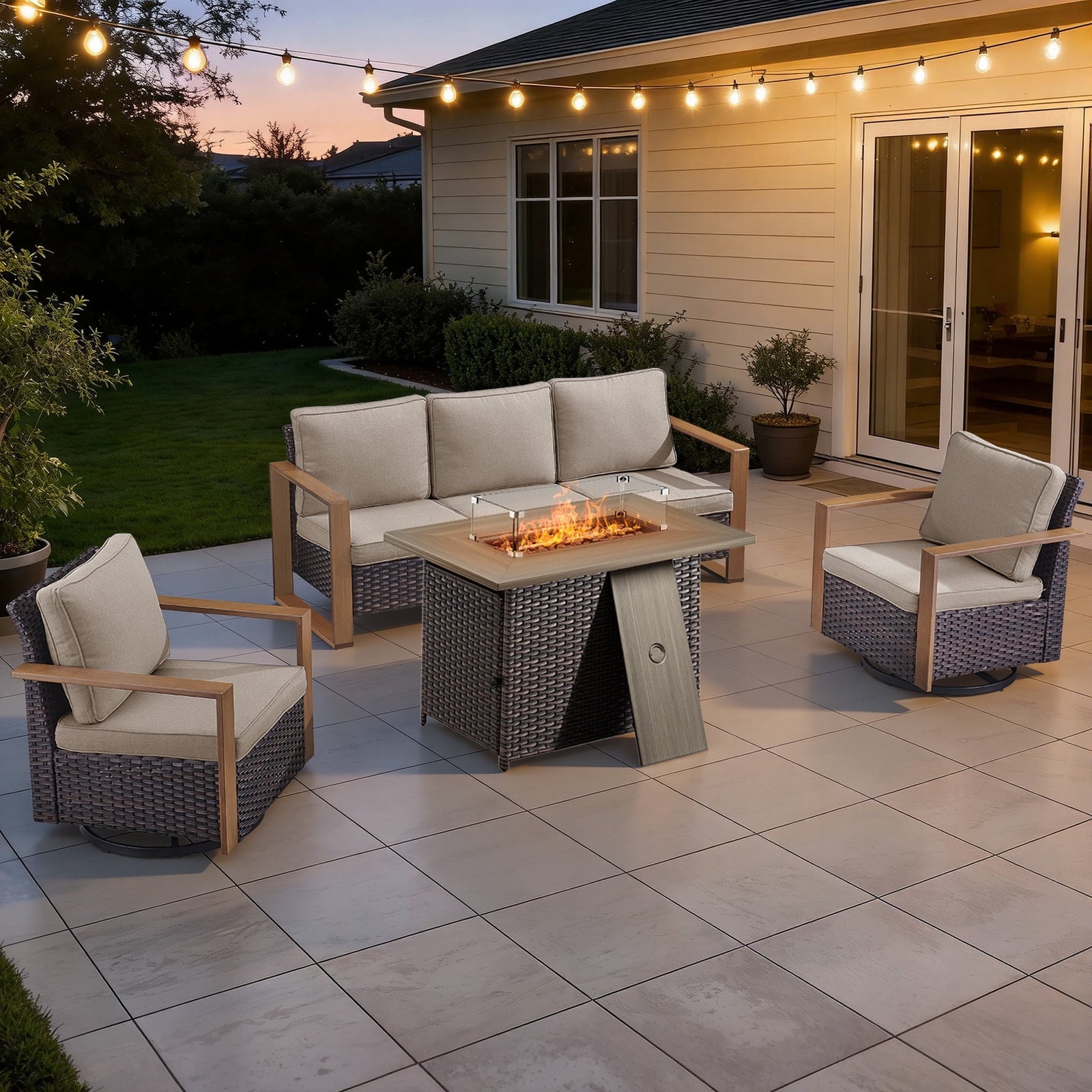 Bellefurn Luxury Patio Furniture Sets with 41” Propane Fire Pit Table,Rattan Outdoor Deep Seating Conversation Set with Swivel Glider Patio Chair,Rattan Sofa&Ottomans for Porch Backyard