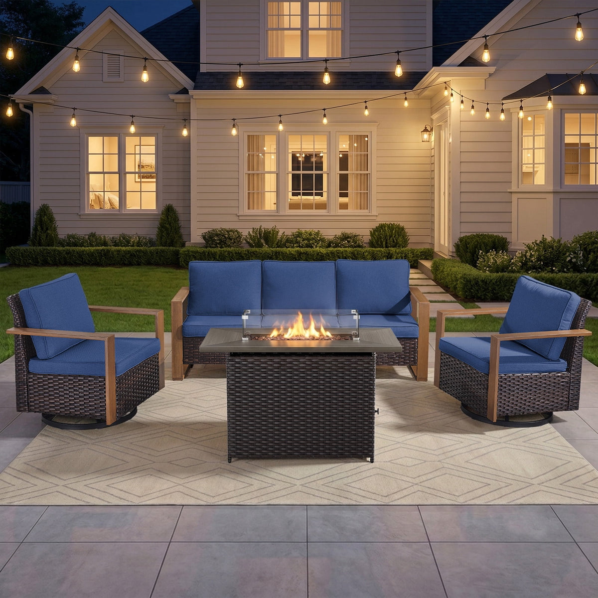 Bellefurn 6 Pieces Patio Furniture Sets with 41” Propane Fire Pit Table,Rattan Outdoor Conversation Sets with Swivel Glider Chairs Sofa and Ottomans for Porch Backyard Balcony