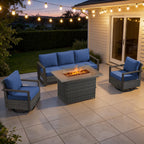 Bellefurn Luxury Patio Furniture Sets with 41” Propane Fire Pit Table,Rattan Outdoor Deep Seating Conversation Set with Swivel Glider Patio Chair,Rattan Sofa&Ottomans for Porch Backyard