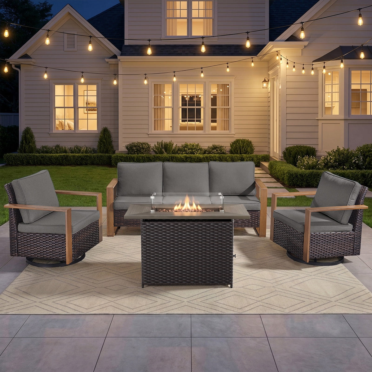 Bellefurn 6 Pieces Patio Furniture Sets with 41” Propane Fire Pit Table,Rattan Outdoor Conversation Sets with Swivel Glider Chairs Sofa and Ottomans for Porch Backyard Balcony