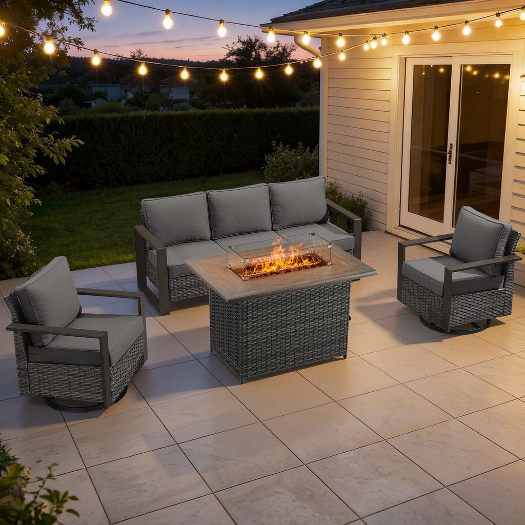 Bellefurn Luxury Patio Furniture Sets with 41” Propane Fire Pit Table,Rattan Outdoor Deep Seating Conversation Set with Swivel Glider Patio Chair,Rattan Sofa&Ottomans for Porch Backyard