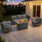 Bellefurn Luxury Patio Furniture Sets with 41” Propane Fire Pit Table,Rattan Outdoor Deep Seating Conversation Set with Swivel Glider Patio Chair,Rattan Sofa&Ottomans for Porch Backyard