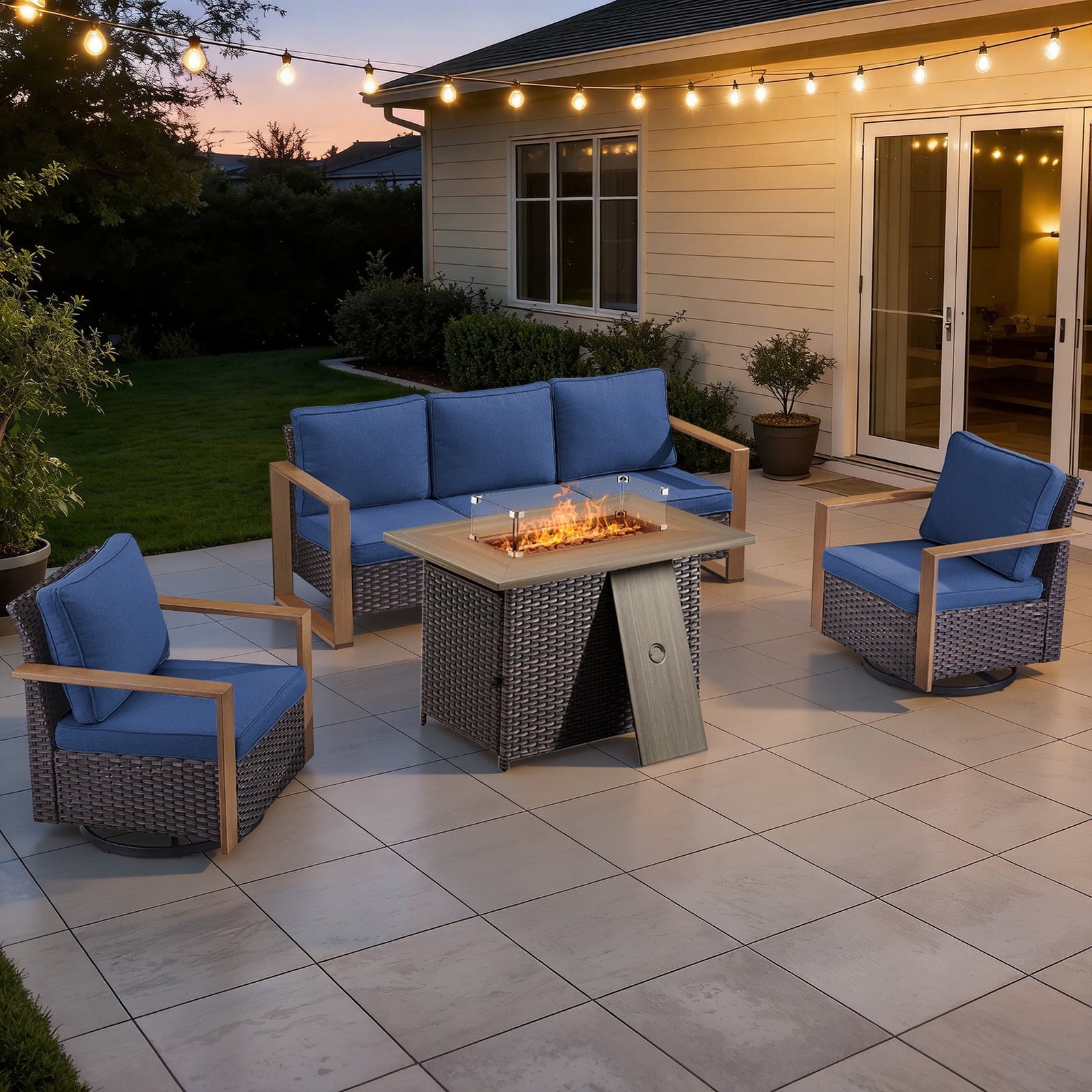 Bellefurn Luxury Patio Furniture Sets with 41” Propane Fire Pit Table,Rattan Outdoor Deep Seating Conversation Set with Swivel Glider Patio Chair,Rattan Sofa&Ottomans for Porch Backyard