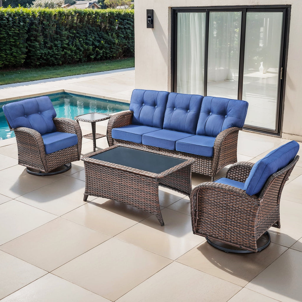 Luxury 6 Piece Outdoor Patio Wicker Furniture Sets with Swivel Rocker Patio Chairs,Sofa and Ottomans,High Back Outdoor Conversation Set for Porch Balcony Deck