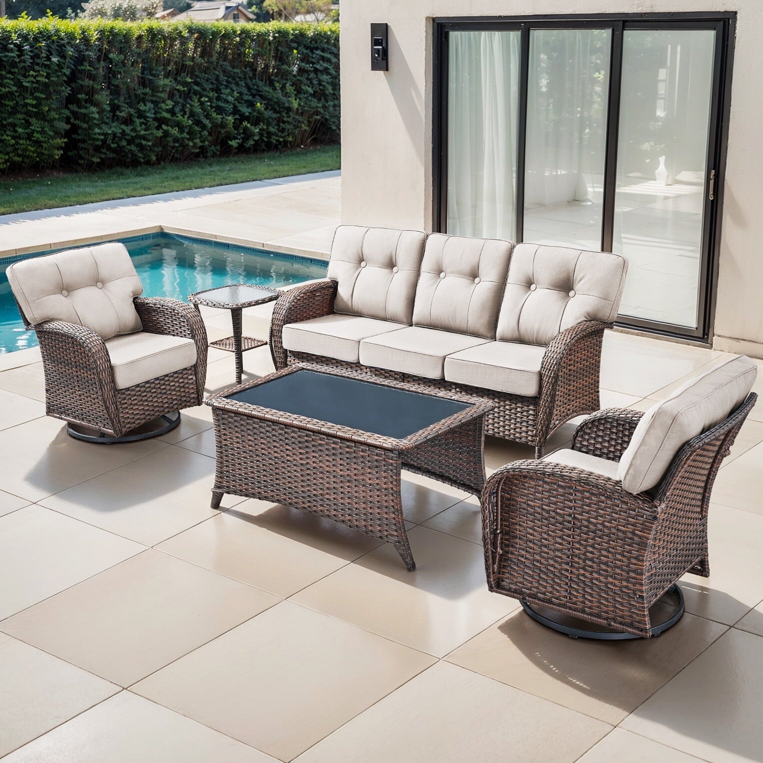 Luxury 6 Piece Outdoor Patio Wicker Furniture Sets with Swivel Rocker Patio Chairs,Sofa and Ottomans,High Back Outdoor Conversation Set for Porch Balcony Deck