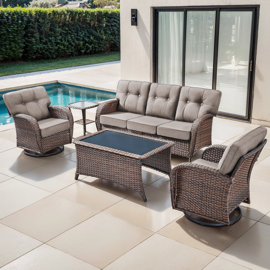 Luxury 6 Piece Outdoor Patio Wicker Furniture Sets with Swivel Rocker Patio Chairs,Sofa and Ottomans,High Back Outdoor Conversation Set for Porch Balcony Deck