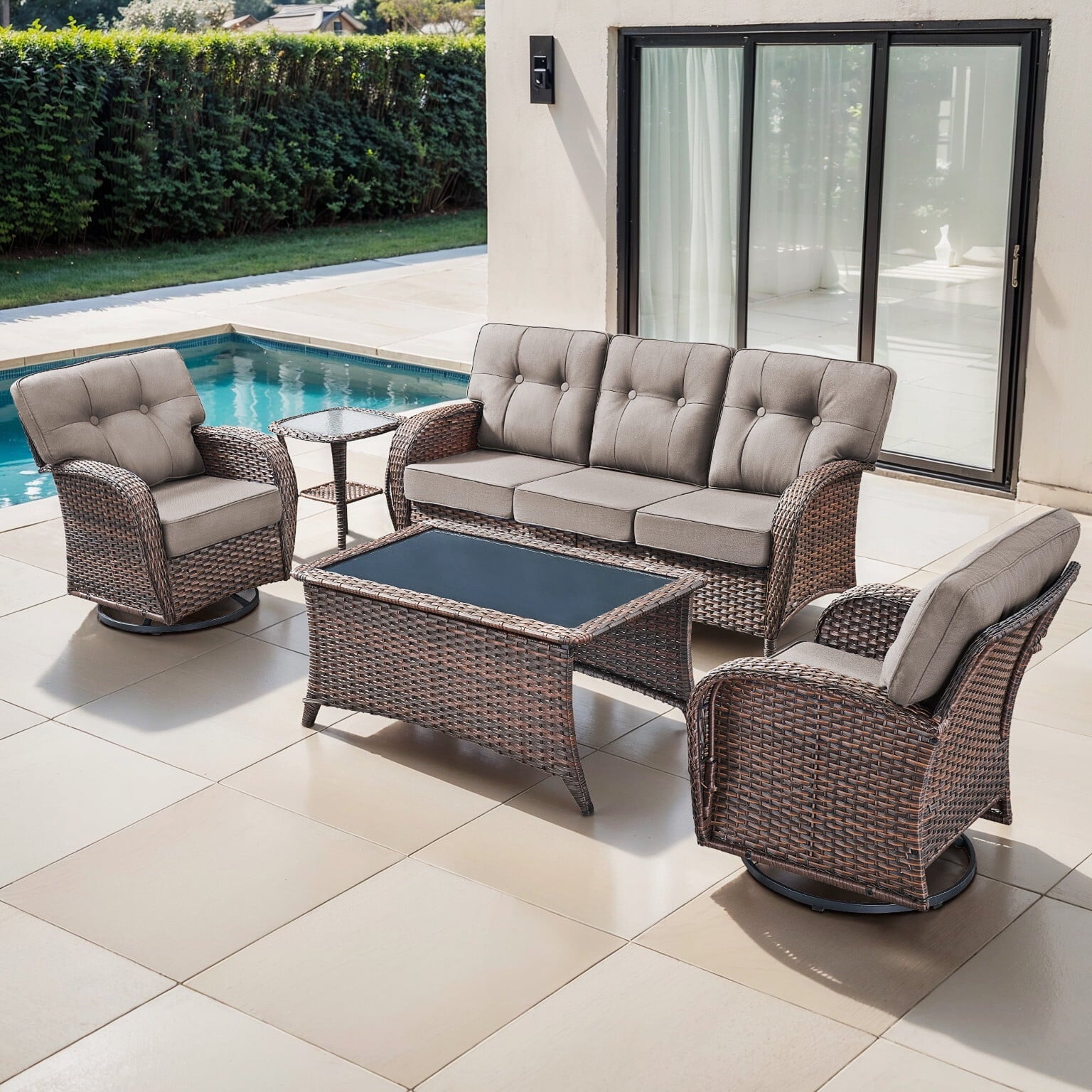 Luxury 6 Piece Outdoor Patio Wicker Furniture Sets with Swivel Rocker Patio Chairs,Sofa and Ottomans,High Back Outdoor Conversation Set for Porch Balcony Deck