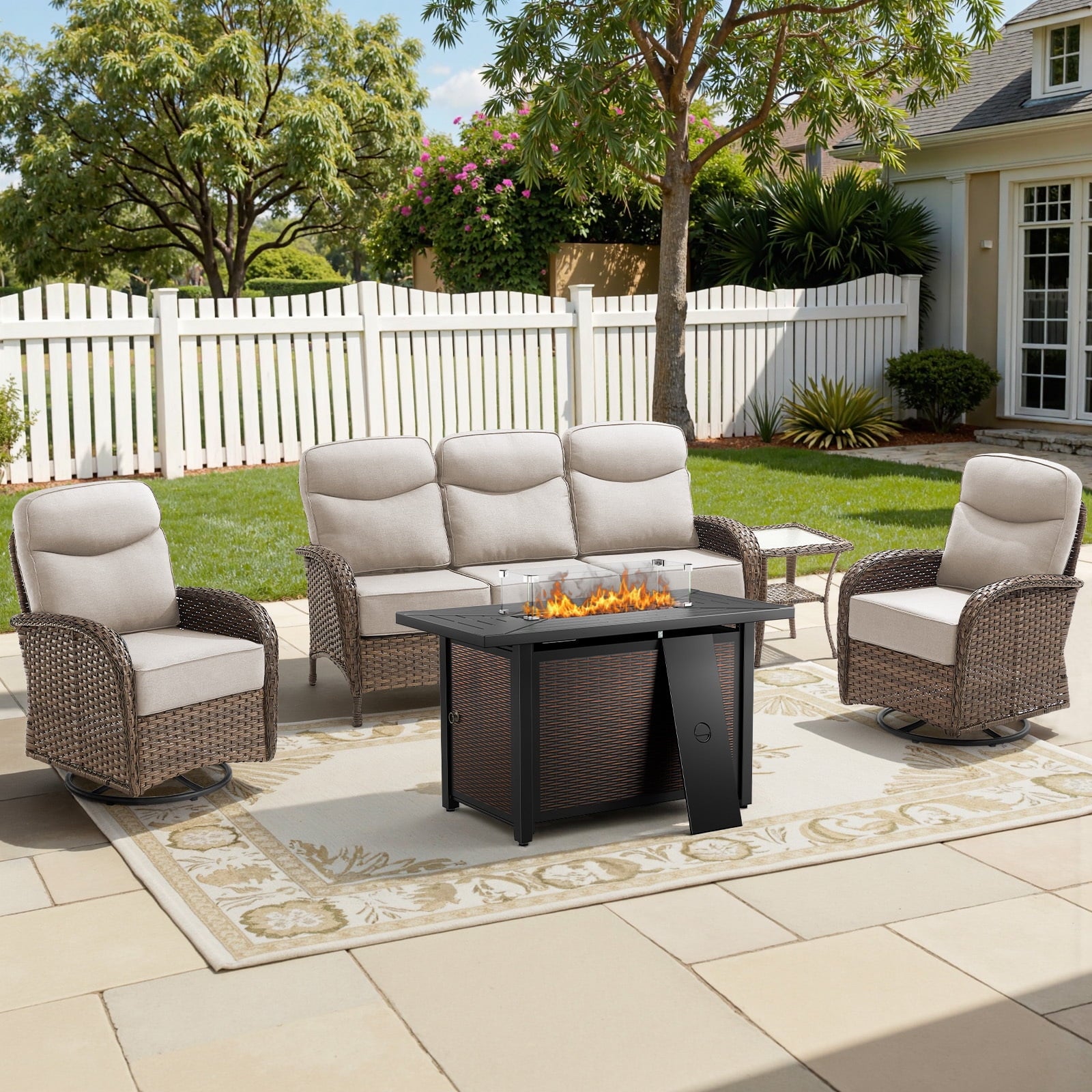Bellefurn Luxury Patio Furniture Sets with 6-Inch Thick Cushions,High Back Wicker Swivel Rocker Patio Chairs,Outdoor Couch and Ottomans,All-Weather Conversation Set for Porch Deck Yard Pool
