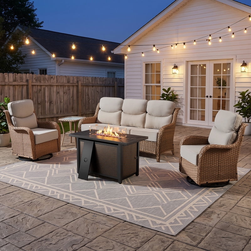 Bellefurn Luxury 6 Pieces Outdoor Patio Furniture Set with Swivel Rocker Chairs 6-inch Extra Thick Cushions,Sofa Coffee Table,Wicker Conversation Sets for Porch Deck Backyard Poolside