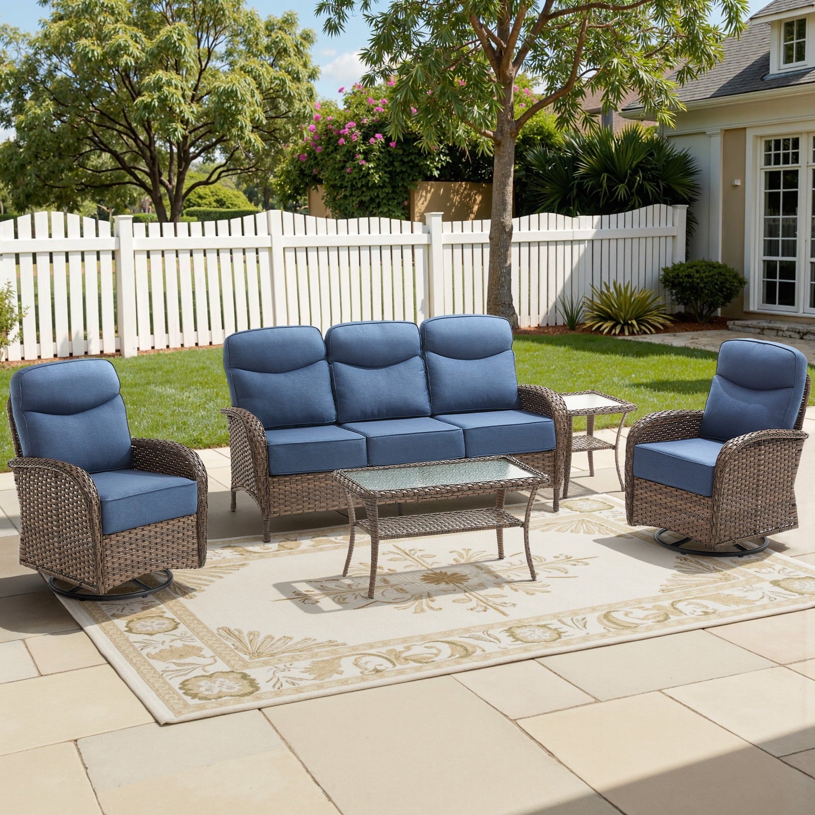 Bellefurn Luxury Patio Furniture Sets with 6-Inch Thick Cushions,High Back Wicker Swivel Rocker Patio Chairs,Outdoor Couch and Ottomans,All-Weather Conversation Set for Porch Deck Yard Pool