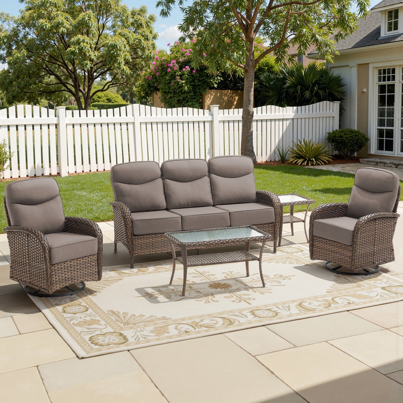 Bellefurn Luxury Patio Furniture Sets with 6-Inch Thick Cushions,High Back Wicker Swivel Rocker Patio Chairs,Outdoor Couch and Ottomans,All-Weather Conversation Set for Porch Deck Yard Pool