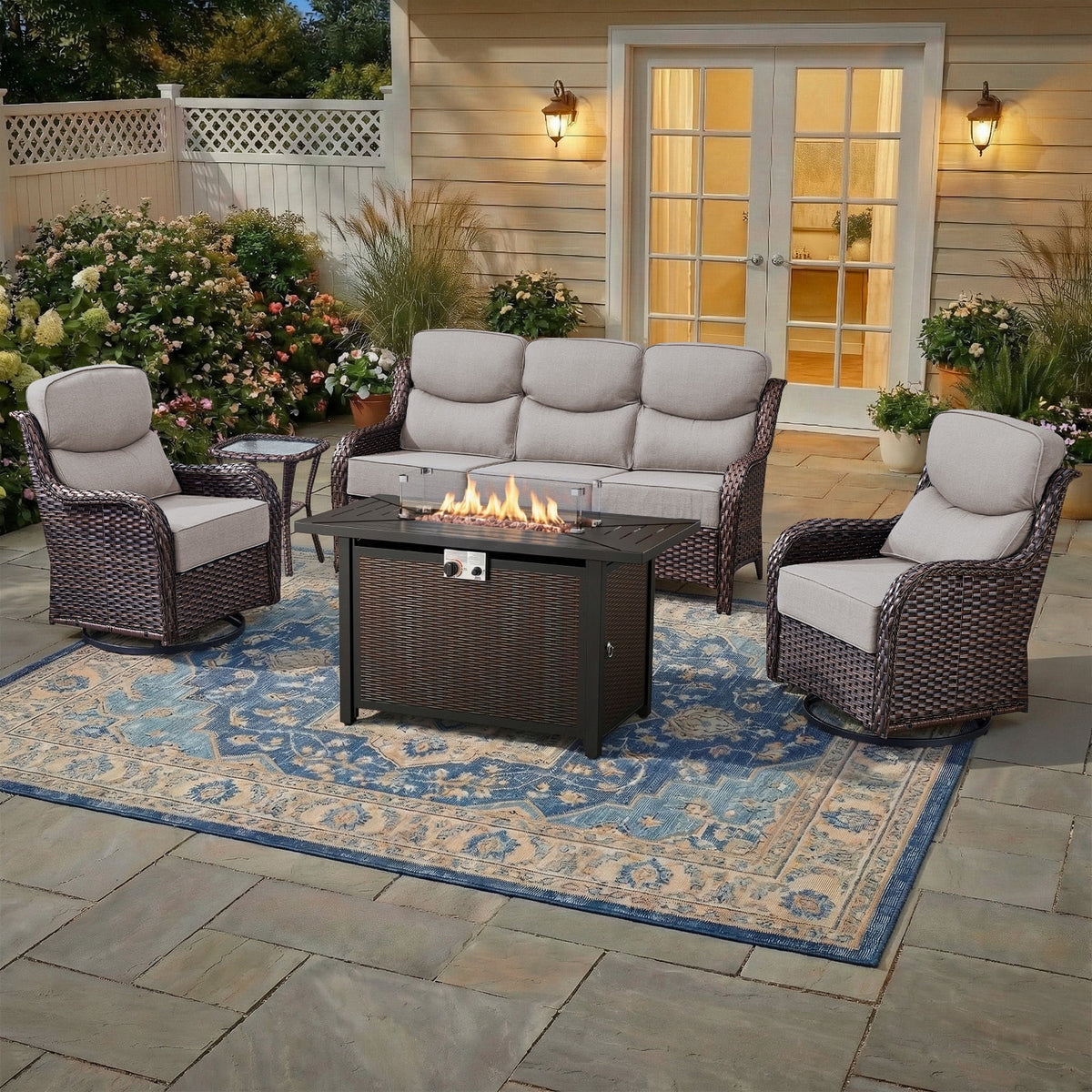 Bellefurn Luxury 6 Pieces Outdoor Patio Furniture Set with Swivel Rocker Chairs 6-inch Extra Thick Cushions,Sofa Coffee Table,Wicker Conversation Sets for Porch Deck Backyard Poolside