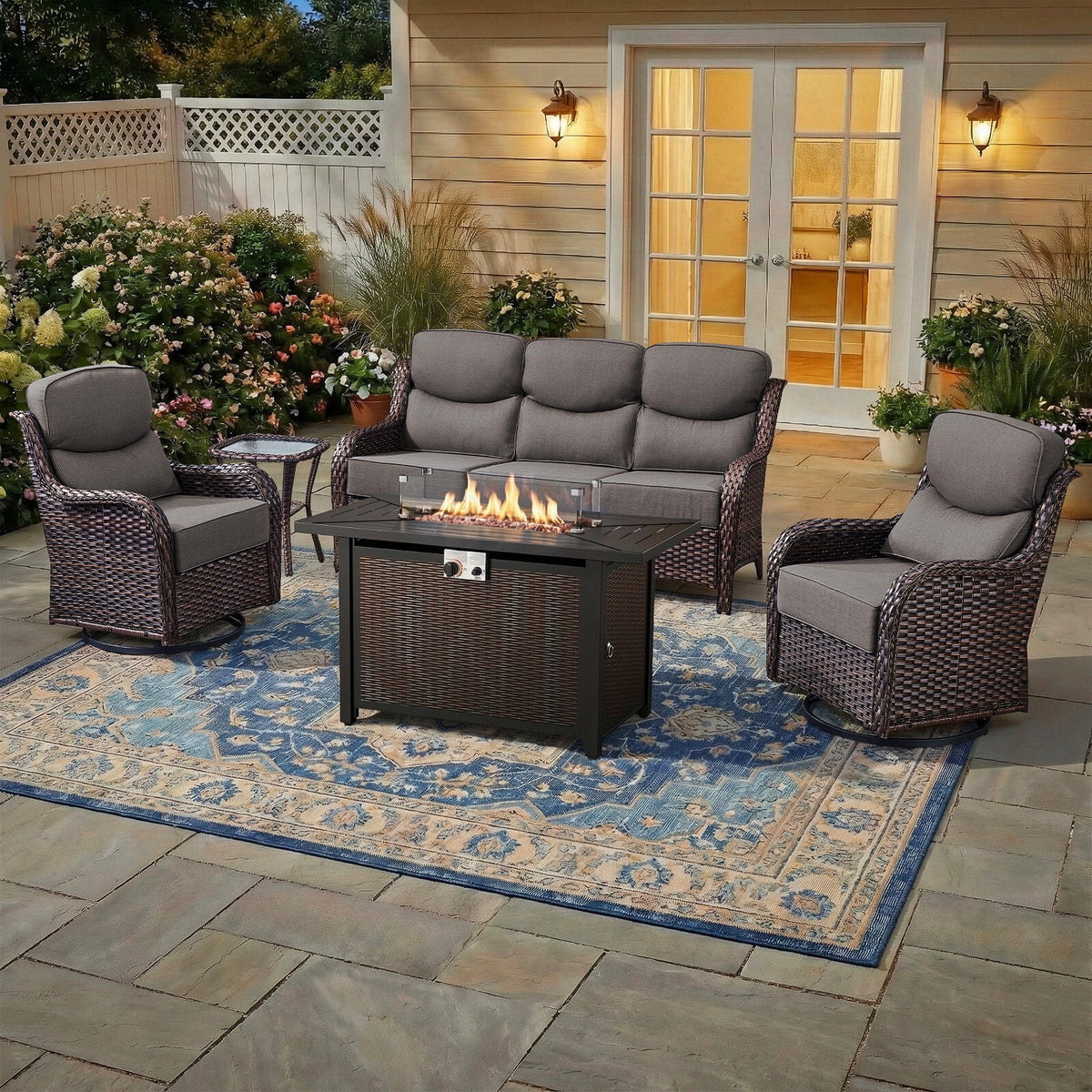 Bellefurn Luxury 6 Pieces Outdoor Patio Furniture Set with Swivel Rocker Chairs 6-inch Extra Thick Cushions,Sofa Coffee Table,Wicker Conversation Sets for Porch Deck Backyard Poolside