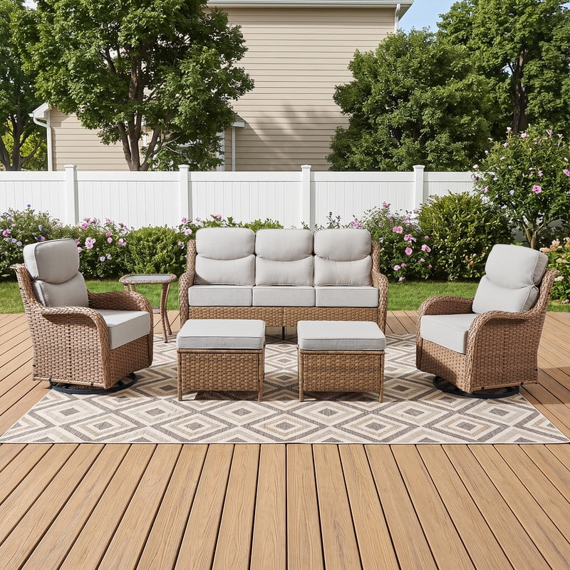 Bellefurn Luxury 6 Pieces Outdoor Patio Furniture Set with Swivel Rocker Chairs 6-inch Extra Thick Cushions,Sofa Coffee Table,Wicker Conversation Sets for Porch Deck Backyard Poolside