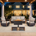 Bellefurn Luxury Patio Furniture Sets with 41” Propane Fire Pit Table,Rattan Outdoor Deep Seating Conversation Set with Swivel Glider Patio Chair,Rattan Sofa&Ottomans for Porch Backyard