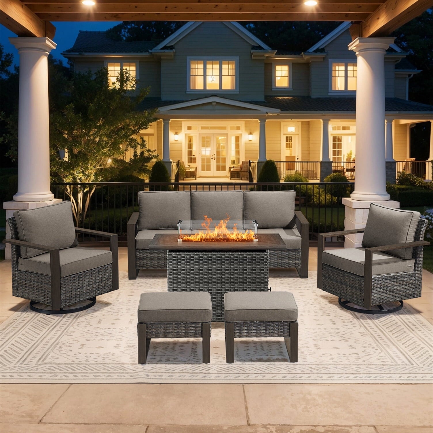 Bellefurn Luxury Patio Furniture Sets with 41” Propane Fire Pit Table,Rattan Outdoor Deep Seating Conversation Set with Swivel Glider Patio Chair,Rattan Sofa&Ottomans for Porch Backyard