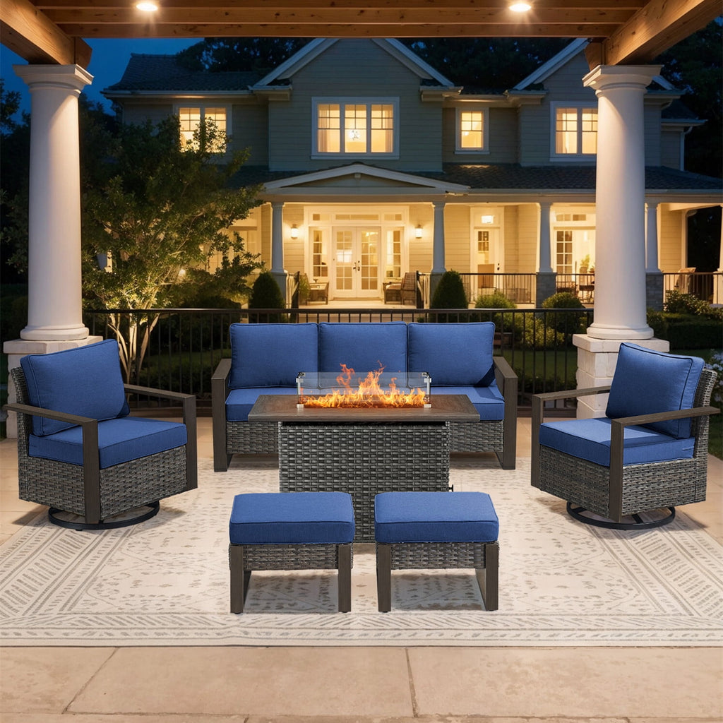 Bellefurn Luxury Patio Furniture Sets with 41” Propane Fire Pit Table,Rattan Outdoor Deep Seating Conversation Set with Swivel Glider Patio Chair,Rattan Sofa&Ottomans for Porch Backyard