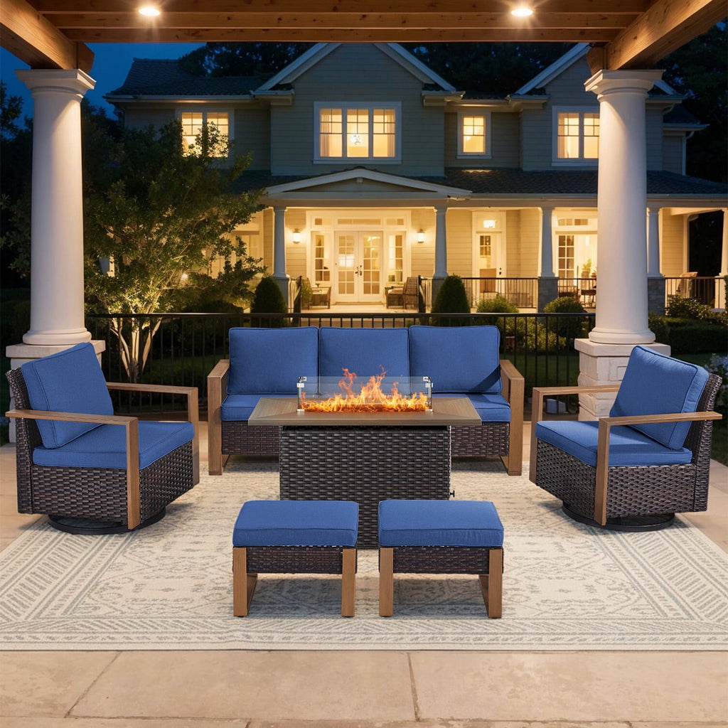 Bellefurn Luxury Patio Furniture Sets with 41” Propane Fire Pit Table,Rattan Outdoor Deep Seating Conversation Set with Swivel Glider Patio Chair,Rattan Sofa&Ottomans for Porch Backyard