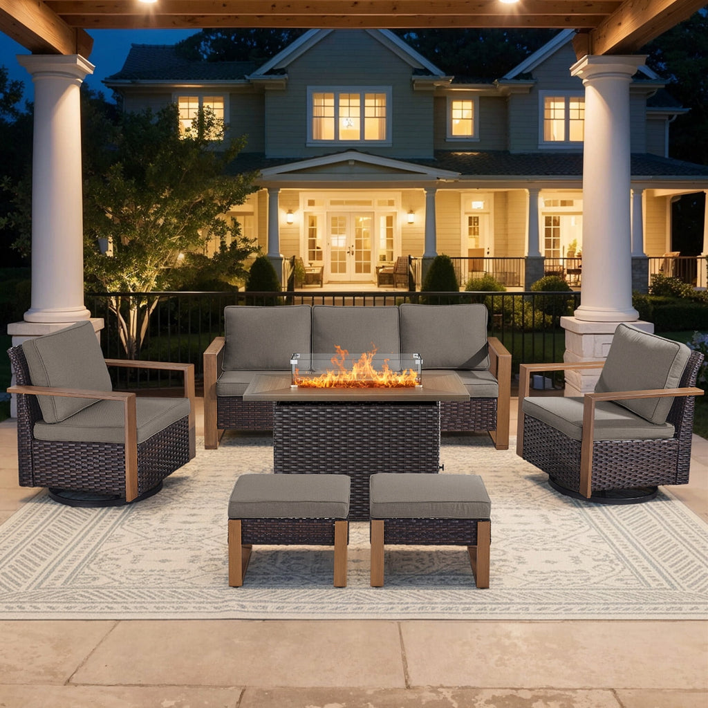 Bellefurn Luxury Patio Furniture Sets with 41” Propane Fire Pit Table,Rattan Outdoor Deep Seating Conversation Set with Swivel Glider Patio Chair,Rattan Sofa&Ottomans for Porch Backyard