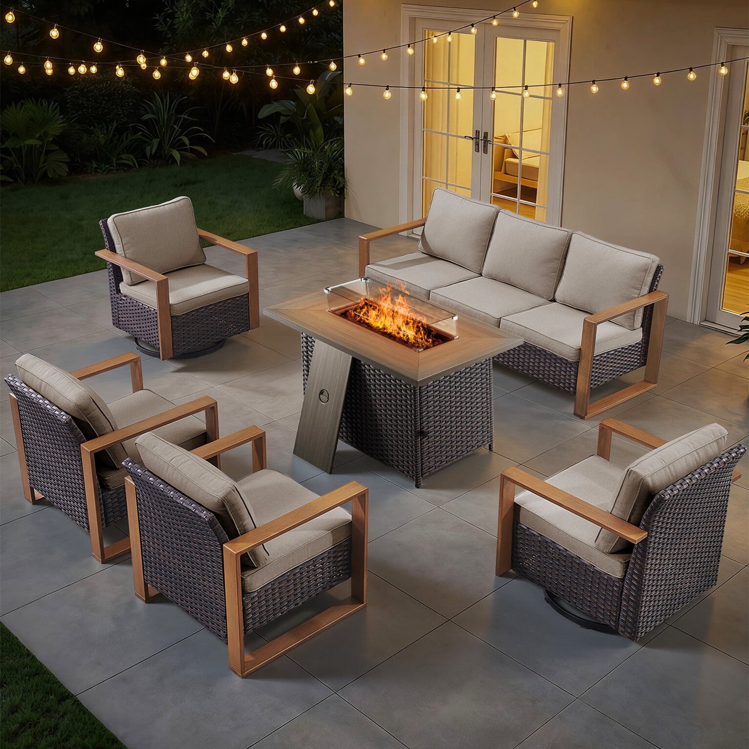 Bellefurn Luxury Patio Furniture Sets with 41” Propane Fire Pit Table,Rattan Outdoor Deep Seating Conversation Set with Swivel Glider Patio Chair,Rattan Sofa&Ottomans for Porch Backyard
