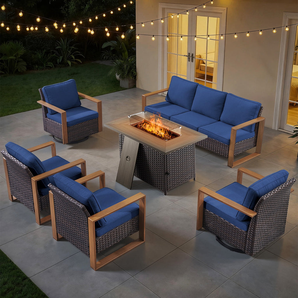 Bellefurn Luxury Patio Furniture Sets with 41” Propane Fire Pit Table,Rattan Outdoor Deep Seating Conversation Set with Swivel Glider Patio Chair,Rattan Sofa&Ottomans for Porch Backyard