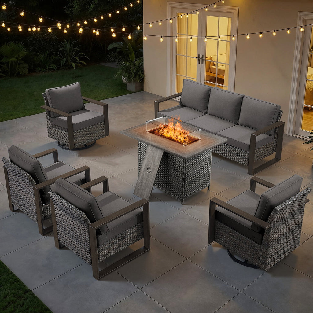Bellefurn Luxury Patio Furniture Sets with 41” Propane Fire Pit Table,Rattan Outdoor Deep Seating Conversation Set with Swivel Glider Patio Chair,Rattan Sofa&Ottomans for Porch Backyard