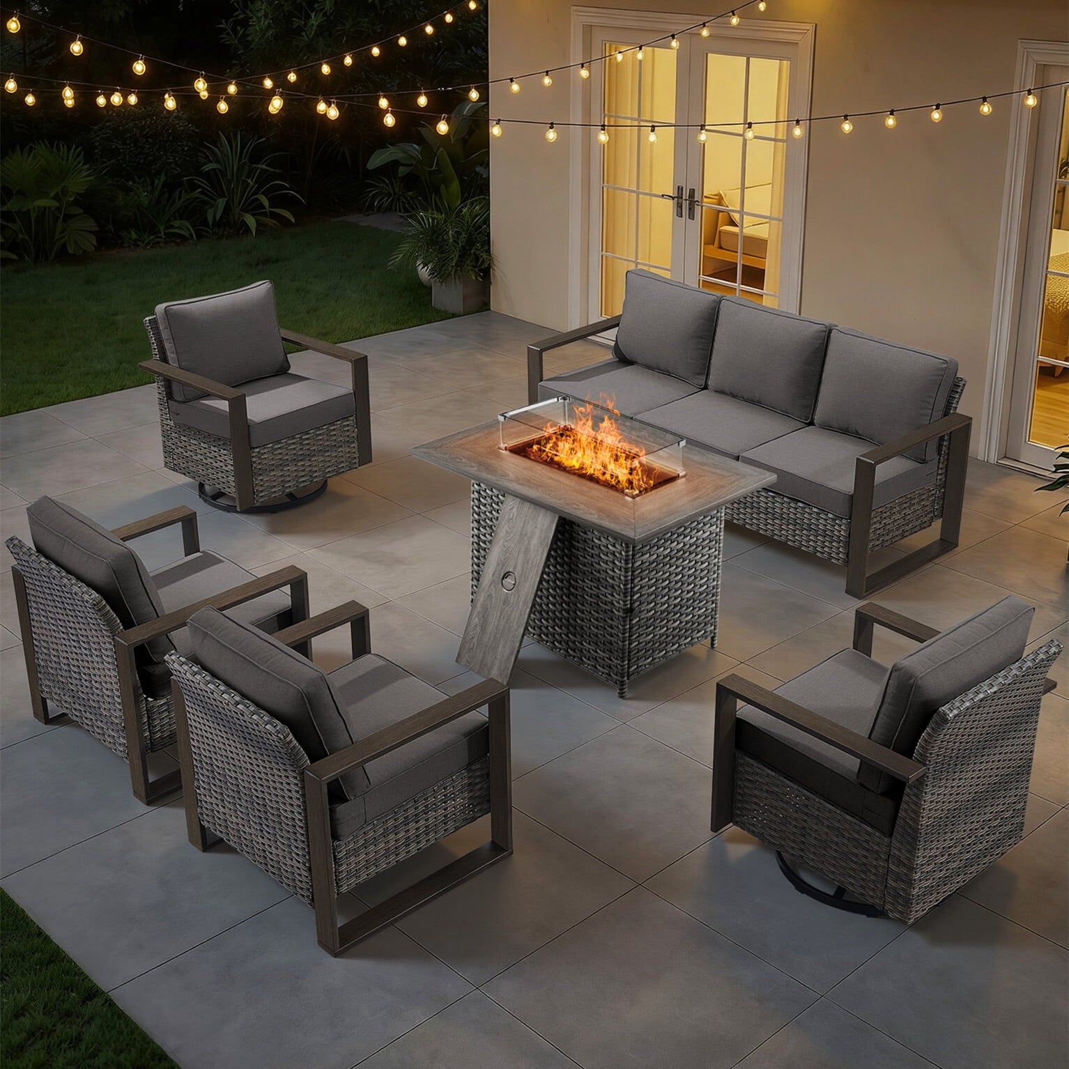 Bellefurn Luxury Patio Furniture Sets with 41” Propane Fire Pit Table,Rattan Outdoor Deep Seating Conversation Set with Swivel Glider Patio Chair,Rattan Sofa&Ottomans for Porch Backyard