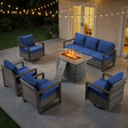 Bellefurn Luxury Patio Furniture Sets with 41” Propane Fire Pit Table,Rattan Outdoor Deep Seating Conversation Set with Swivel Glider Patio Chair,Rattan Sofa&Ottomans for Porch Backyard